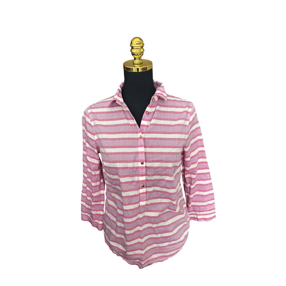 Lands End Women’s 3/4 Sleeve Striped 100% Cotton Button Up Blouse Size 2/XS